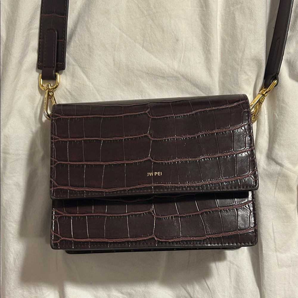 JW PEI Dark Brown Croc-Embossed Crossbody Bag